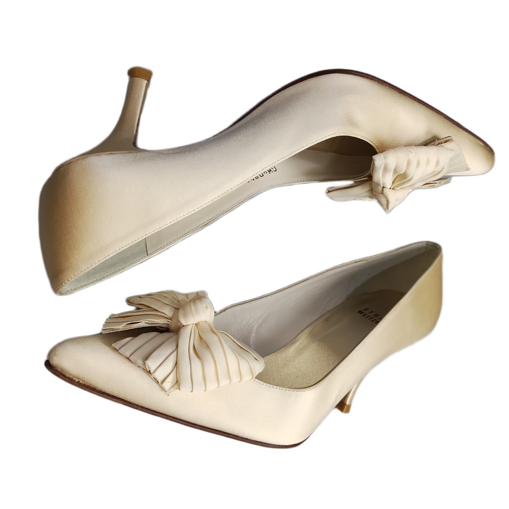 Stuart Weitzman Pump Heels Womens US 8W Tan Gathered Pleated Bow Pointed Toe EUC